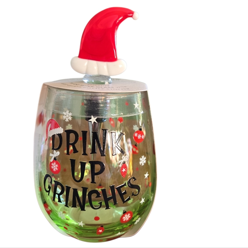 Festive Drink Up Grinches Wine Glass and Bottle Stopper